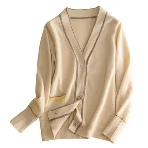 Design 100% Wool Material Cardigan Korean Knit Sweater Jacquard Women Coat Jumper