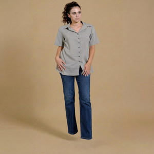 Blouse Femme Grande Taille en Coton Brodé, Col Rabattu, Manches Courtes, Boutonnée sur le Devant, en Popeline, Coupe Moulante, Crop Top Naturel - Product Image 1
