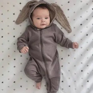 复活节兔子男女通用婴儿连帽紧身衣可爱兔耳长袖儿童罗柏拉链棉学步连体衣