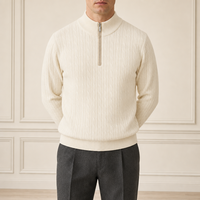Pull en maille côtelée ivoire pour homme, col montant, manches longues, poignets et ourlet côtelés, hiver, fabrication OEM ODM sur mesure, vente en gros