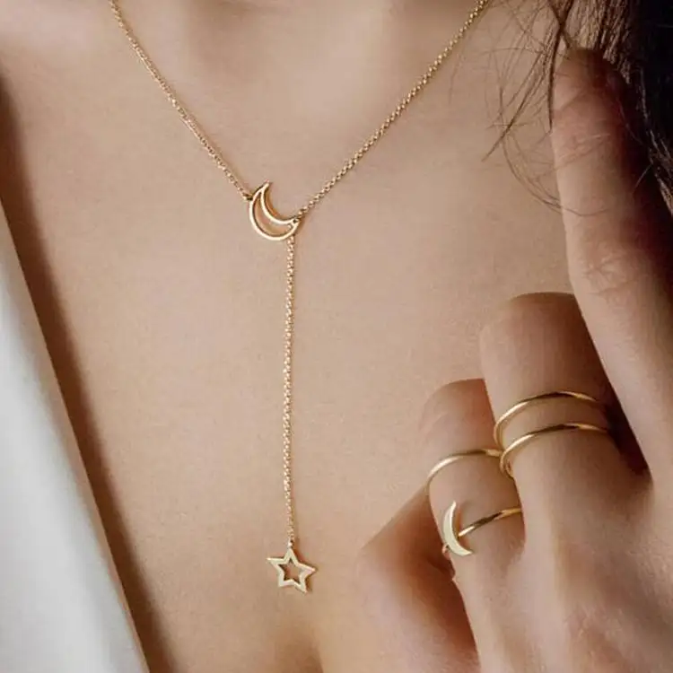 Fashion Women Jewelry Natural Alloy Gold Color Star Moon Pendant Necklace Woman Choker Necklace