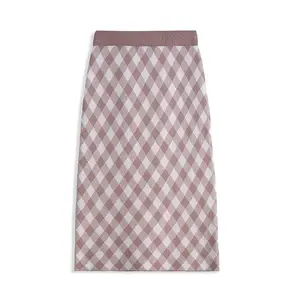 Autumn women elegant retro high waist elastic geometric cross rhombus black and white plaid bag hip mid-length knitted skirt