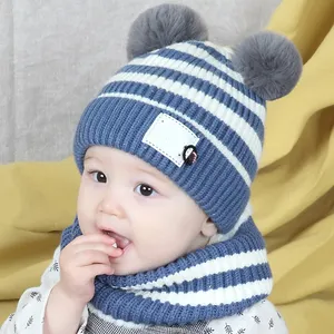 Grosir Topi dan Syal Musim Dingin Bayi 2 Set Topi Rajut Pom Pom Anak