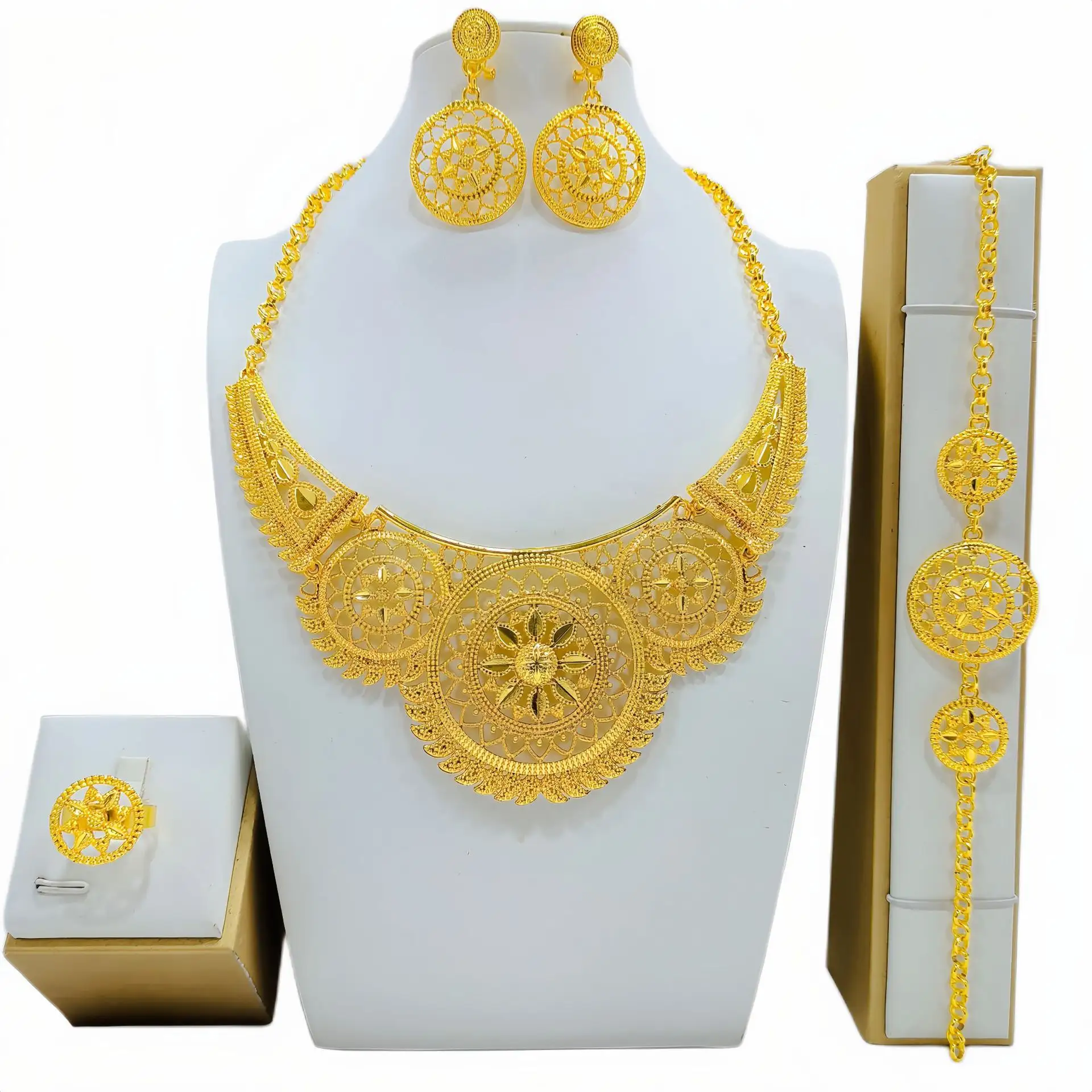 Conjunto de joyas de oro de 24 quilates de Dubái, collar de novia saudí, pulsera, pendientes, anillo, conjunto de cuatro piezas para mujer