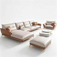 Ensemble de canapés d'angle en cuir véritable confortable et personnalisé de style européen, avec des pieds en métal doré élancés