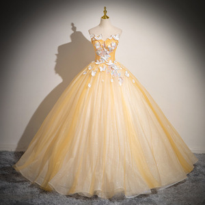 Strapless Gold Tulle Ball Gown Dress With 3D Floral Embellishments Empire Waistline For Prom And Formal Events - Product Image 1