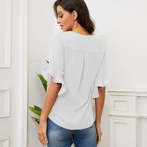 FOXA Chemisier en mousseline de soie à manches 3/4 et col en V pour femme, haut décontracté à volants, tunique fluide - Product Image 3