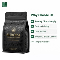 Sacs à café personnalisés imprimés, barrière aromatique, certifiés BRCGS ISO, 250g, pour l'emballage du café, pochette à fond plat, haute barrière