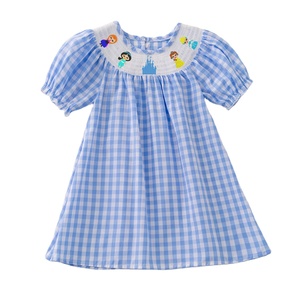 Robes en coton brodées à carreaux bleus pour filles en bas âge, vêtements à smocks pour le printemps et l'été, manches courtes, vêtements personnalisés - Product Image 3