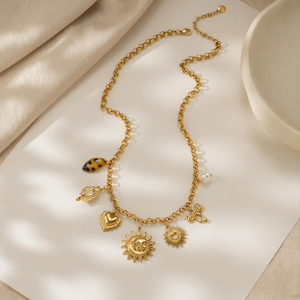 Collier en acier inoxydable plaqué or 18 carats avec pendentif soleil et lune, étanche, inaltérable, motif cœur, nœud et léopard, bijoux pour femme - Product Image 5