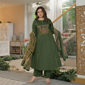 Women's Green Cotton Ankle-Length Traditional Regular Fit Digital Print Embroidery Quick Dry <b>Dress</b> Casual Wear Spring Summer - Product Image 1