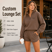 Ensemble 2 pièces personnalisé pour femme : Sweat-shirt à quart de zip avec empiècements et short ample en molleton bouclette élastique au-dessus du genou pour la détente à la maison