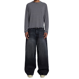 Men's Oversized <b>Striped</b> <b>Long</b> <b>Sleeve</b> Knitted Jersey T-Shirt O-Neck Casual <b>Top</b> <b>Black</b> <b>White</b> Stripe Raw Edge <b>Top</b> - Product Image 3