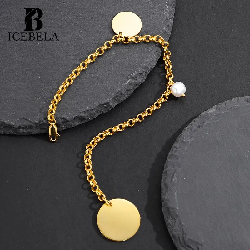 Joyería hecha a mano de lujo de alta calidad, pulsera de moneda de oro con perlas barrocas, pulsera de cadena de perlas chapada en oro de 18K para mujer