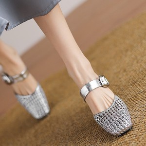 Sandalias de tacón tejidas de verano para mujer, con punta cuadrada, tacón medio, diseño sin espalda y transpirable - Product Image 2