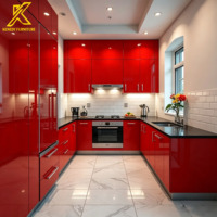 Armoires de cuisine chinoises rouges prêtes à l'emploi KENEDY, armoires de cuisine en bois de style moderne du milieu du siècle avec évier et plan de travail