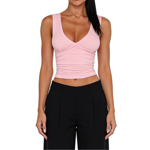 Top Corto Rosa Fruncido con Cuello en V para Mujer, Sin Mangas, Ajustado, de Punto, Color Sólido, Sexy, para Club - Product Image 1