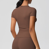 T-shirt de sport à manches courtes uni pour femme, en stock, brossé double face, haut de fitness ajusté pour le yoga et la course à pied, grande taille