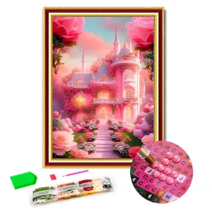 Kit de pintura de castelo rosa personalizado DIY para adultos kit de pintura de diamantes 5d com broca completa de diamantes redondos arte decoração de parede