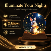 Lampe de nuit LED UV imprimée sur cristal, base en plastique imitation bois, lampe de bureau, cadeau décoratif personnalisé en gros, lapin de jade lunaire