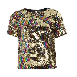 Custom Womens Elegant Multi Coloured Sequin Top Lined Short Sleeve Top Round Neck Sequins Blouse Tops