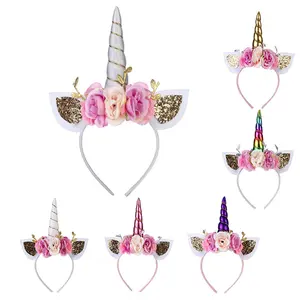 Bandeau licorne blanc paillettes corne bandeau oreilles de chat bandeaux fleurs couvre-chef accessoire pour licorne fournitures de fête