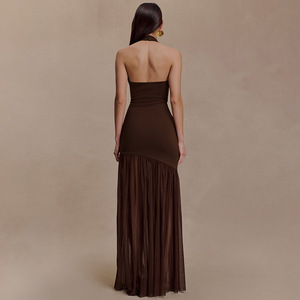 เดรสยาวคอ halter พร้อมดีไซน์เว้าและชั้นผ้าซีทรูสำหรับใส่ในงานกลางคืน - Product Image 4