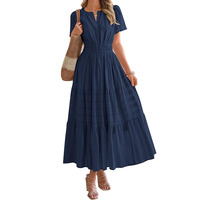Robe longue d'été décontractée pour femme, grande taille, en mousseline, motif floral bohème, bleu et rouge, à manches courtes, avec poches, pour la plage