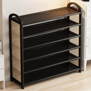 <b>Shoe</b> <b>Rack</b> Multi Tiered <b>Storage</b> Organizer Dustproof Entryway Indoor Use Sneakers Boots High Heels 5 Tier Black Rattan Style - Product Image 1
