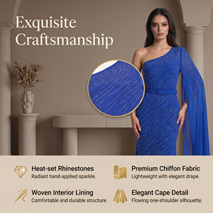 Robe de soirée longue élégante bleu roi à une épaule avec manches cape en mousseline de soie ornées de strass thermocollés et ceinture, idéale pour les fêtes formelles - Product Image 3
