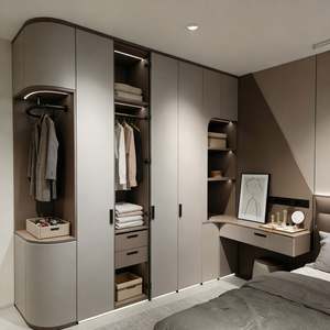 Rangement de chambre à coucher moderne sur mesure : Ensemble de garde-robe aux tons neutres avec coiffeuse intégrée et éclairage LED pour les espaces chaleureux, conception gratuite en 48 heures - Product Image 3