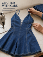 Combinaison en jean bleu foncé pour femme, col halter, décolleté en V profond, sans manches