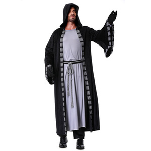 Capa con capucha de mago medieval para Halloween, túnica larga gris con cinturón y guantes, disfraz de cosplay para hombres, juego de rol para adultos - Product Image 4