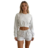 Prix de gros, service OEM, ensemble short et sweat-shirt à manches longues et col rond pour femmes, couleur unie, coupe ample et décontractée pour dames