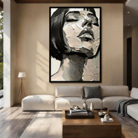 Peinture à l'huile abstraite noire et blanche originale, faite à la main sur toile, portrait sur mesure, décoration de salon