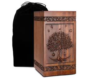 Özel ahşap kremasyon çömleği insan külleri için hayat ağacı cenaze külü vazosu yetişkin kadın erkek Pet köpek kutusu gömme tabut & kadife çanta - Product Image 1