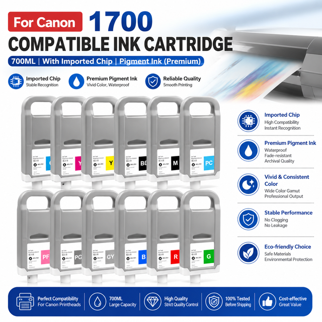 Ocbestjet 700ml 12 Colors PFI-1700 Compatible Ink Cartridge with Premium Pigment Ink Chip for Canon Pro 2000 4000 6000s Printer