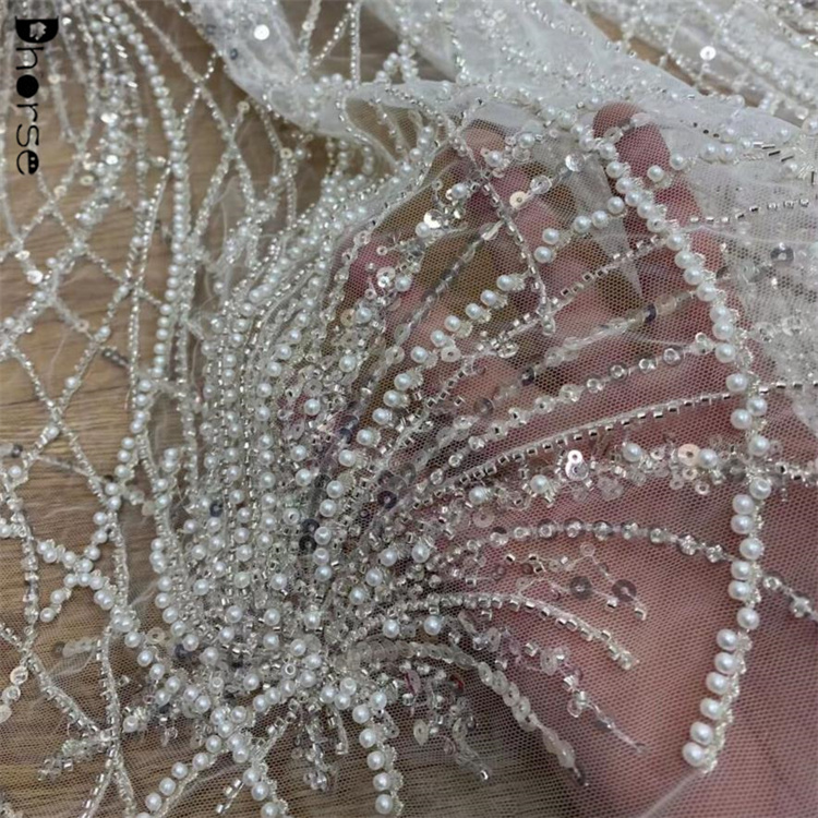 Latest design fancy pearl beaded luxury sequined white beaded wedding lace fabrics