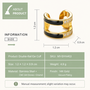 Double Rail Ear <b>Cuff</b> Stainless Steel 14K Gold Vacuum Plated Black Enamel CNC Set Accent Gold <b>Silver</b> Variants - Product Image 2