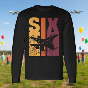 Camiseta de manga larga para niños de seis años con diseño de avión de combate militar retro para el sexto cumpleaños - Product Image 3