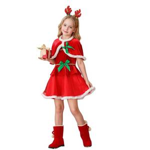 MS Girls Christmas Green Velvet Dress Set with Antler Headpiece and Cape 2-Piece <b>Santa</b> Party <b>Costume</b> - Product Image 4
