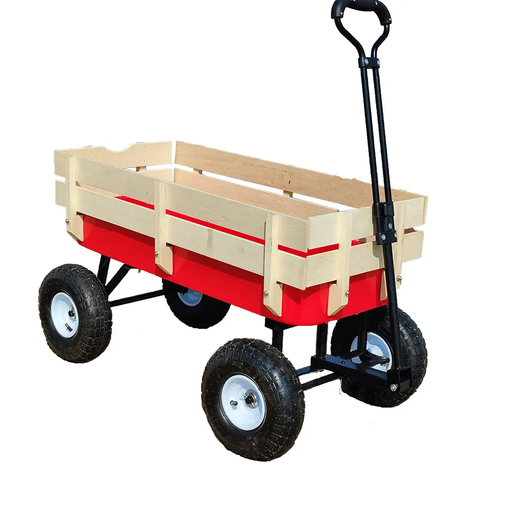 Carro de jardín de madera roja Carro de jardín Carro de chico Carro de madera de jardín con cuatro ruedas