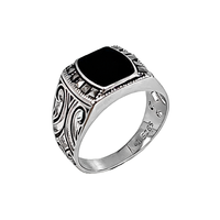Kaanjewelry Men's Oval Black Onyx Rhodium Plated 925 Sterling Silver Signet Ring Antique Pattern Engraved Gemstone for Gift