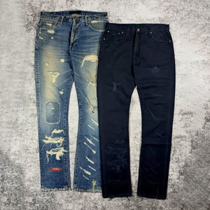 Jean Flare Homme Y2K Streetwear 2026 13oz Vintage Délavé Bicolore avec Patchs à Points Croisés et Effet Peinture Éclaboussée - Product Image 3