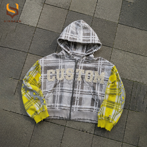 เสื้อฮู้ดดี้ผู้ชายผ้าเฟรนช์เทอร์รี่ 420 GSM แบบสั่งทำพิเศษ สีบล็อก ผ้าฟลานเนล ซิปหน้า ทรงหลวม ไหล่ตก ลายตารางหมากรุก ปักลาย - Product Image 1