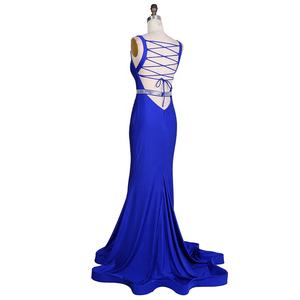 Robe en jersey extensible confortable de grande taille, à lacets, à traîne balayante, col en V, sirène, bleu royal, avec ceinture en strass - Product Image 6