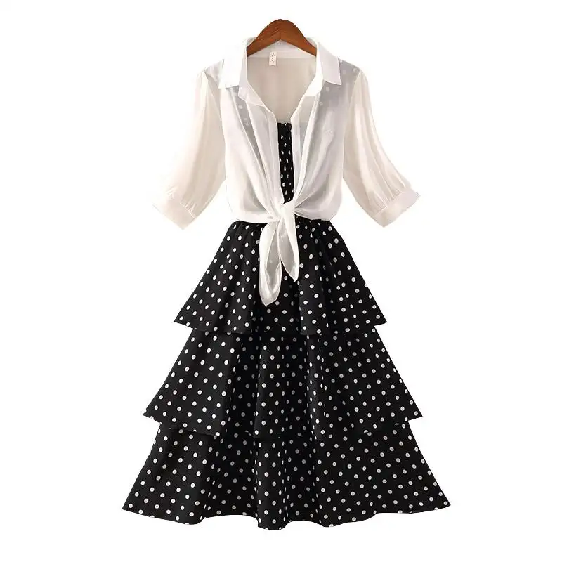여성 여름 드레스 폴카 도트 쉬폰 민소매 비치 미디 캐주얼 드레스 패션 플러스 사이즈 S-3XL 드레스 쉬폰 작은 목도리