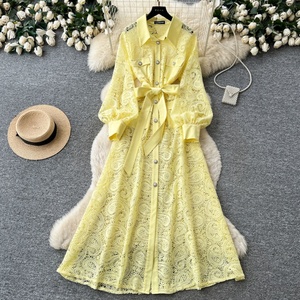 Abito Lungo Elegante da <span class=keywords><strong>Donna</strong></span> con Colletto alla Coreana in Pizzo, Stile Francese Romantico, Linea ad A che Valorizza la Silhouette, <span class=keywords><strong>Chic</strong></span> e Casual - Product Image 1