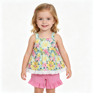 เสื้อผ้าเด็กผู้หญิงสไตล์ลำลองสีสันสดใสลายดอกไม้ สำหรับวันหยุดฤดูร้อน ผลิตจากผ้าฝ้ายออร์แกนิคนุ่มผสมสแปนเด็กซ์ ขายส่งเสื้อผ้าใหม่ - Product Image 1