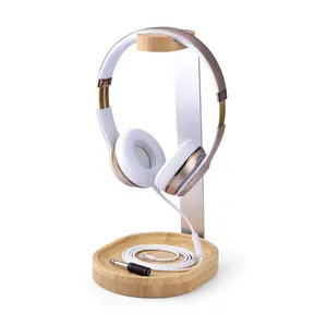 קולב מעמד אוזניות אוניברסלי מעץ ואלומיניום עם מחזיק כבלים, מתלה אוזניות שולחניות יציבות